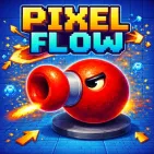 Pixel Flow is a fast-paced puzzle arcade game where you control colorful cannons to destroy pixel blocks floating on a conveyor belt. The game requires observation, timing, and resource management to avoid being overwhelmed.